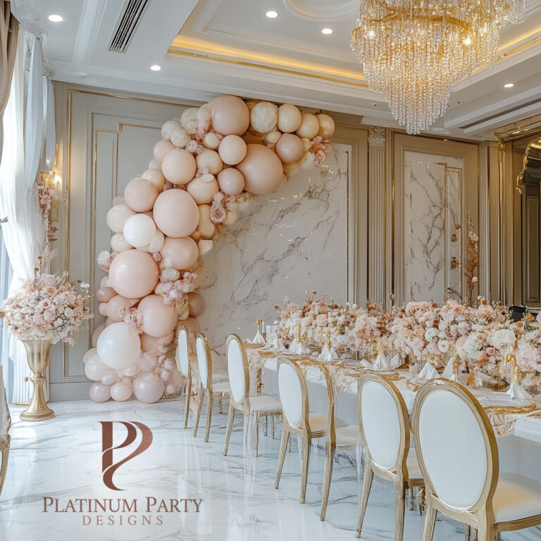 Elegant platinum party designs table setup for a modern party theme