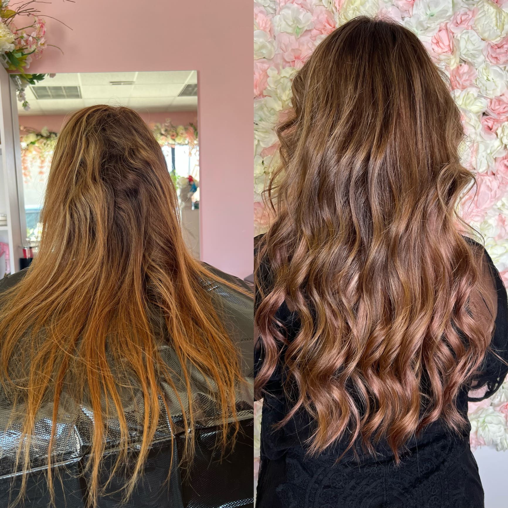 Before and after transformation of a client using premium hair extension techniques